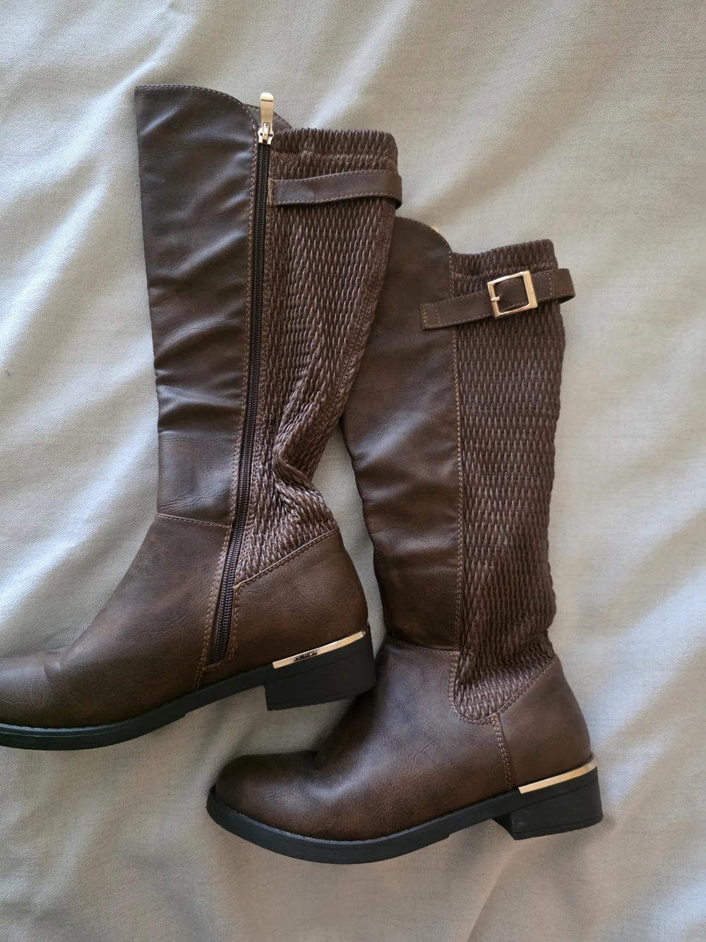 TOP Moda Women's Knee Brown Faux-Leather Boots with Stitch Detail